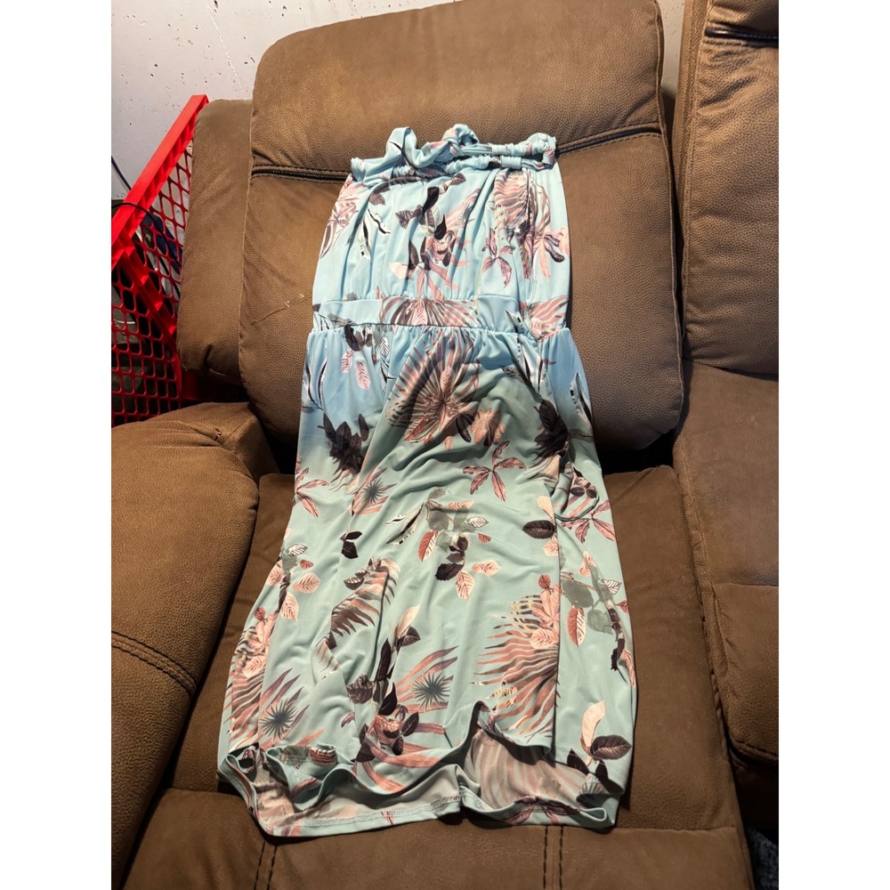 Egs Light Blue Tropical Floral Halter Maxi Dress Sleeveless Empire Waist Summer